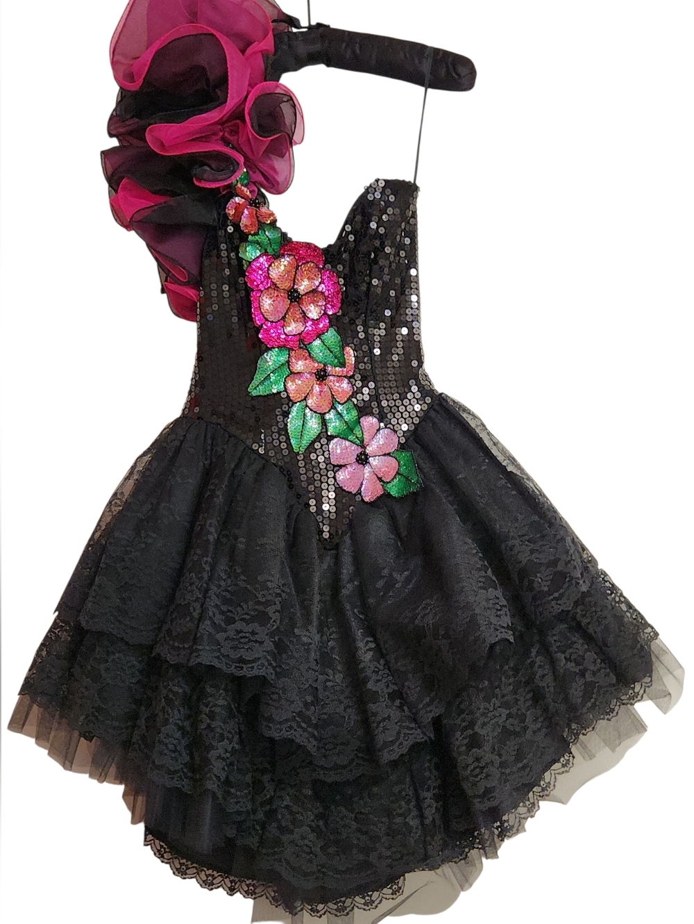 Vintage 1990 Loralie One-Shoulder Lace Prom Dress Black & Pink Sz 8.   #K11